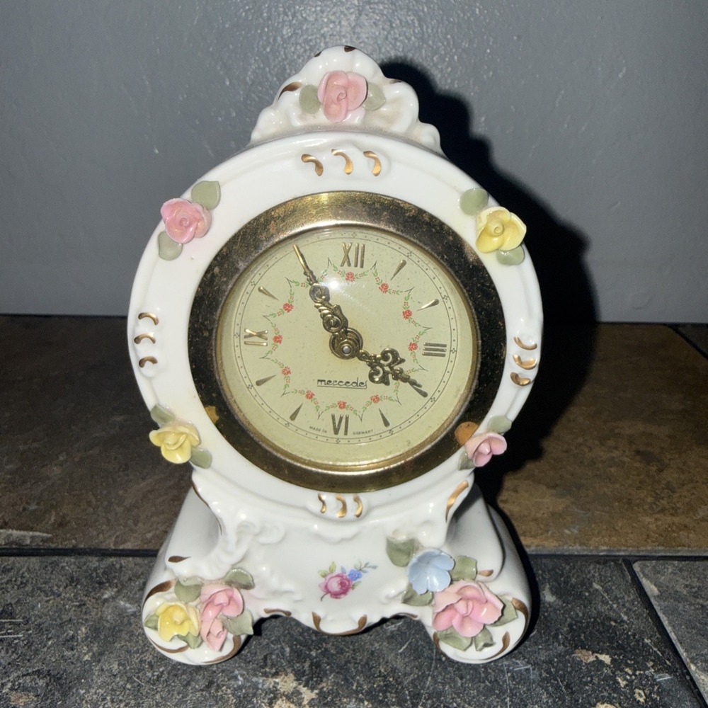 Vintage Dresden Mercedes Wind Up Miniature Porcelain Mantle Clock Germany-Works